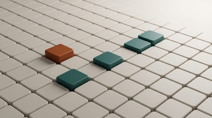 Three raised teal tiles trace a check mark across a field of matte tiles: the approved route through a matrix
